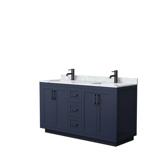 Wyndham Collection - Miranda 60 Inch Double Bathroom Vanity in Dark Blue, White Carrara Marble Countertop, Undermount Square Sinks, Matte Black Trim
