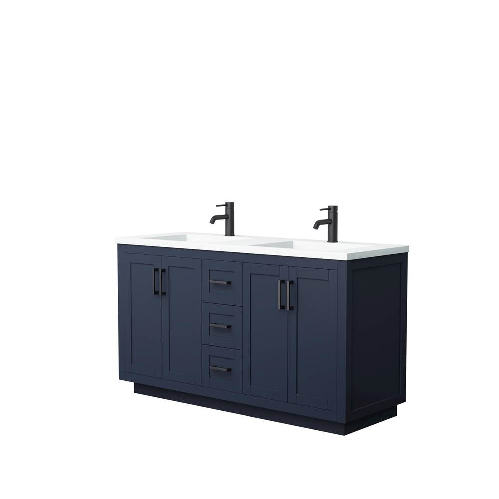 Wyndham Collection - Miranda 60 Inch Double Bathroom Vanity in Dark Blue, 1.25 Inch Thick Matte White Solid Surface Countertop, Integrated Sinks, Matte Black Trim