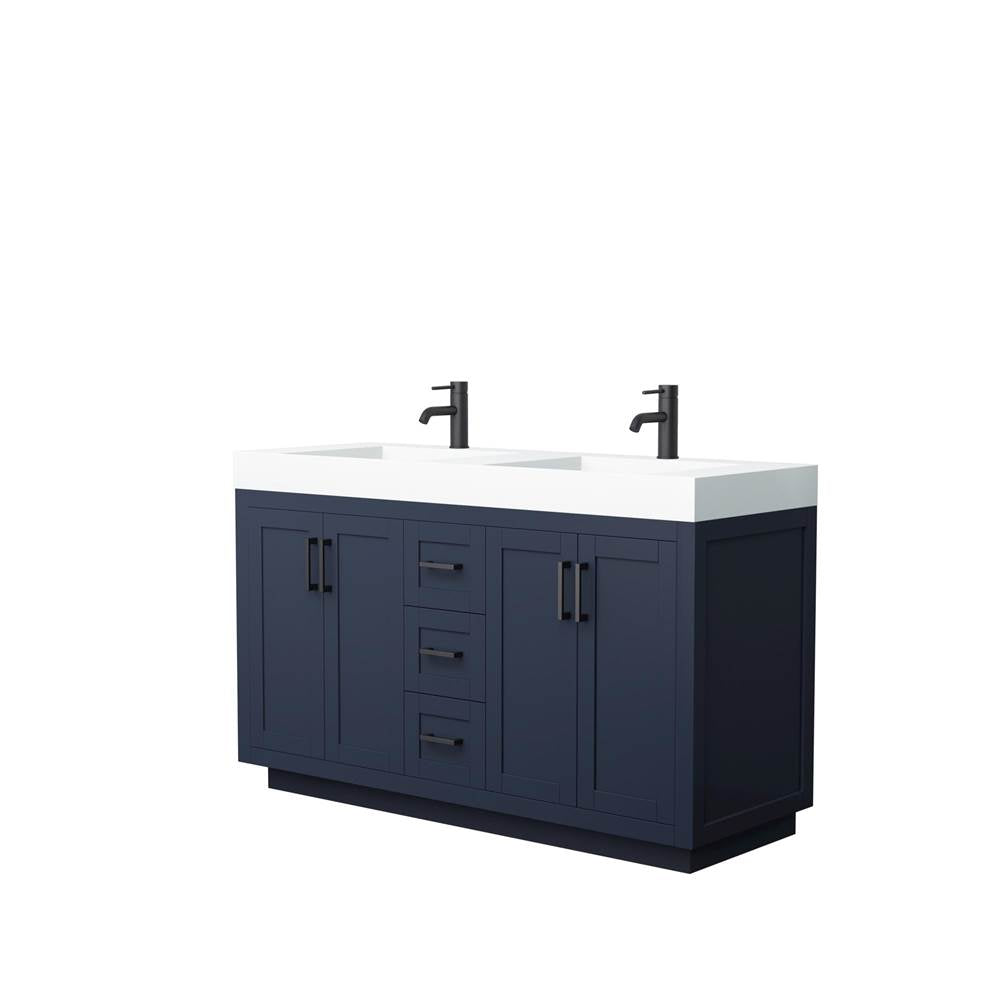 Wyndham Collection - Miranda 60 Inch Double Bathroom Vanity in Dark Blue, 4 Inch Thick Matte White Solid Surface Countertop, Integrated Sinks, Matte Black Trim
