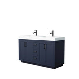 Wyndham Collection - Miranda 60 Inch Double Bathroom Vanity in Dark Blue, 4 Inch Thick Matte White Solid Surface Countertop, Integrated Sinks, Matte Black Trim