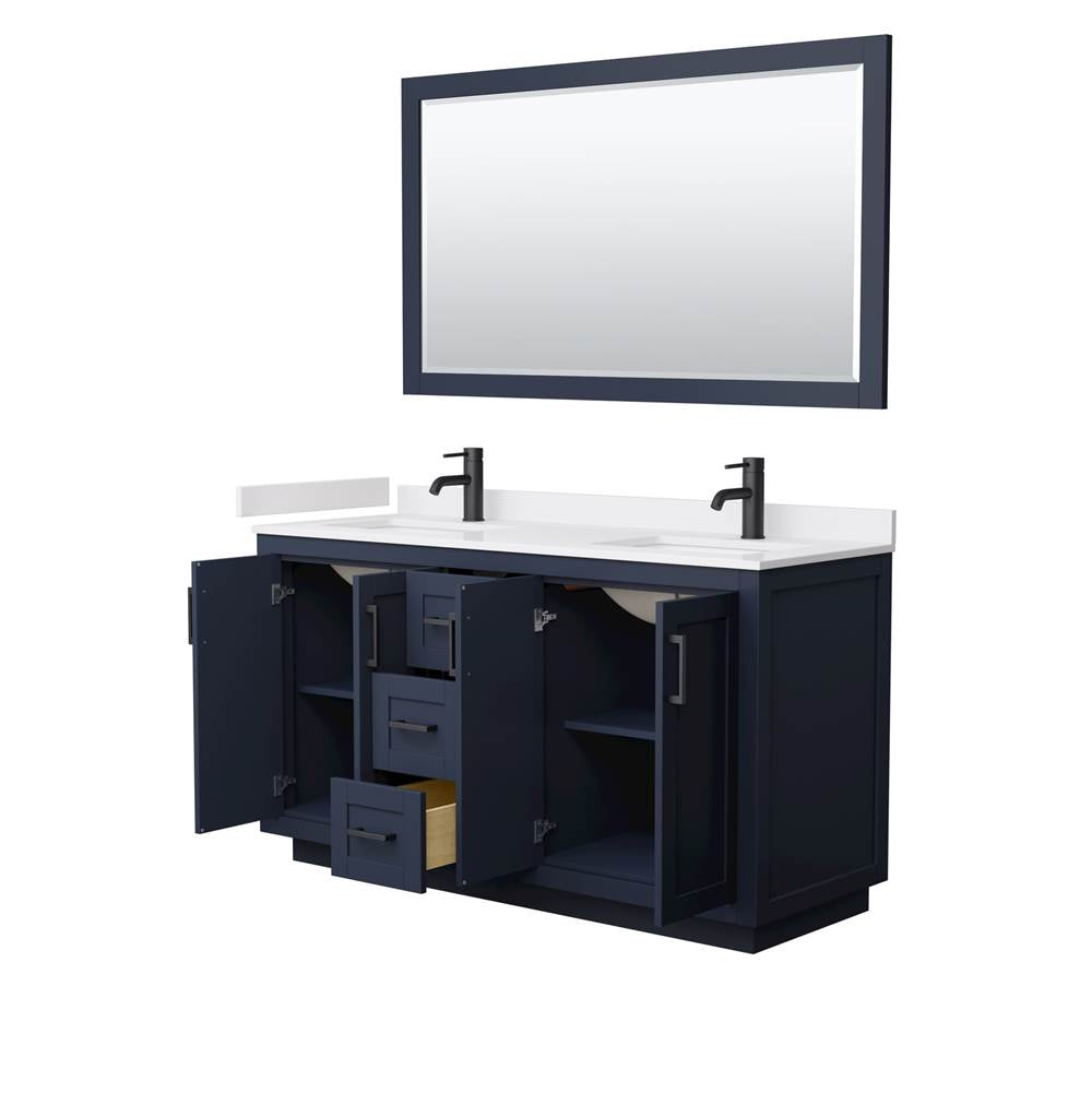 Miranda 60 Inch Double Bathroom Vanity in Dark Blue, White Cultured Marble Countertop, Undermount Square Sinks, Matte Black Trim, 58 Inch Mirror