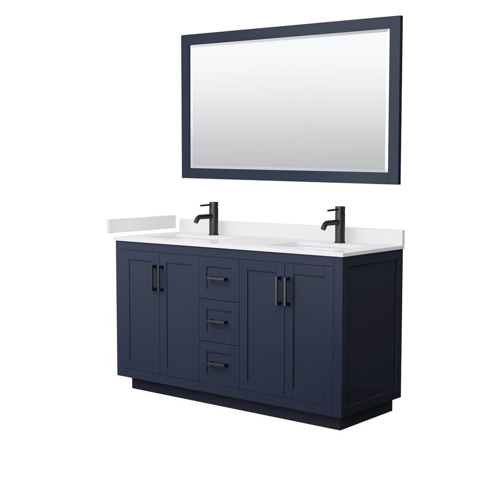 Wyndham Collection - Miranda 60 Inch Double Bathroom Vanity in Dark Blue, White Cultured Marble Countertop, Undermount Square Sinks, Matte Black Trim, 58 Inch Mirror