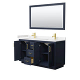Miranda 60 Inch Double Bathroom Vanity in Dark Blue, Carrara Cultured Marble Countertop, Undermount Square Sinks, Brushed Gold Trim, 58 Inch Mirror