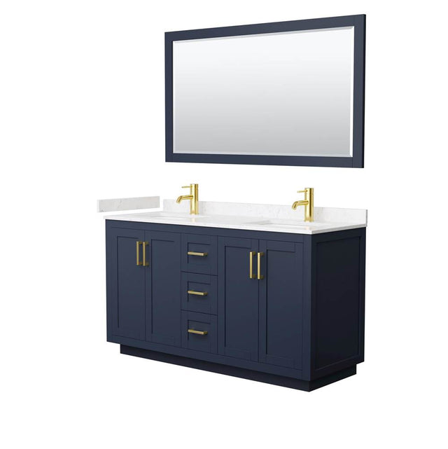 Wyndham Collection - Miranda 60 Inch Double Bathroom Vanity in Dark Blue, Carrara Cultured Marble Countertop, Undermount Square Sinks, Brushed Gold Trim, 58 Inch Mirror