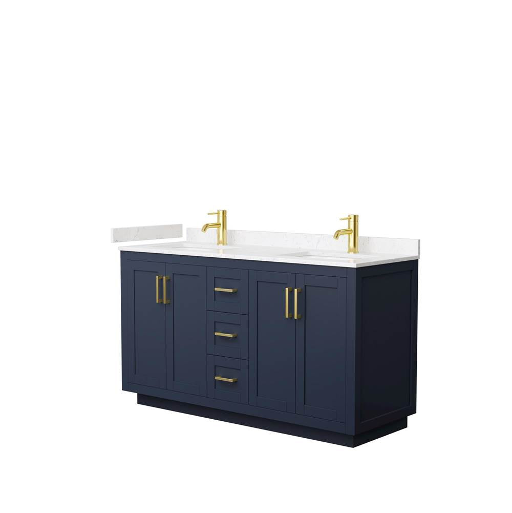 Wyndham Collection - Miranda 60 Inch Double Bathroom Vanity in Dark Blue, Carrara Cultured Marble Countertop, Undermount Square Sinks, Brushed Gold Trim