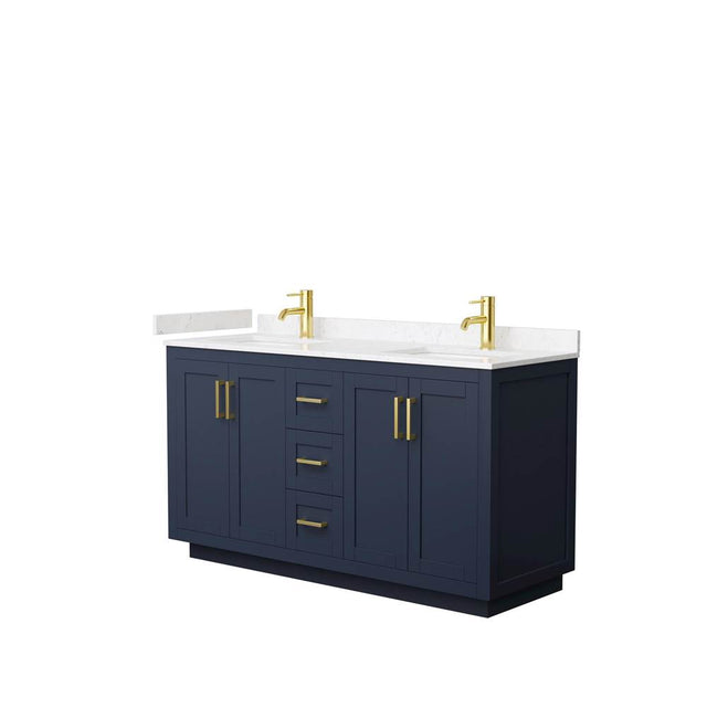 Wyndham Collection - Miranda 60 Inch Double Bathroom Vanity in Dark Blue, Carrara Cultured Marble Countertop, Undermount Square Sinks, Brushed Gold Trim