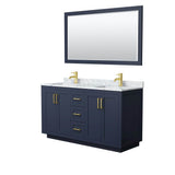 Wyndham Collection - Miranda 60 Inch Double Bathroom Vanity in Dark Blue, White Carrara Marble Countertop, Undermount Square Sinks, Brushed Gold Trim, 58 Inch Mirror