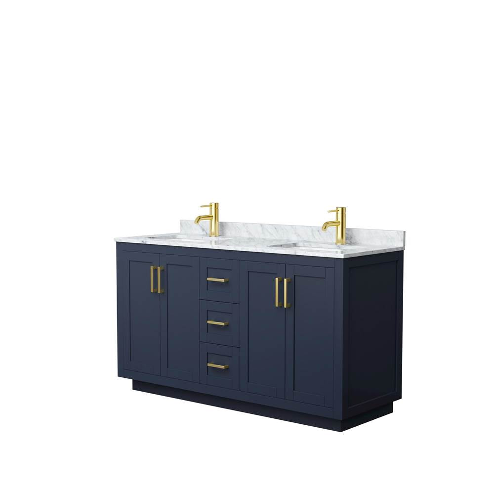 Wyndham Collection - Miranda 60 Inch Double Bathroom Vanity in Dark Blue, White Carrara Marble Countertop, Undermount Square Sinks, Brushed Gold Trim