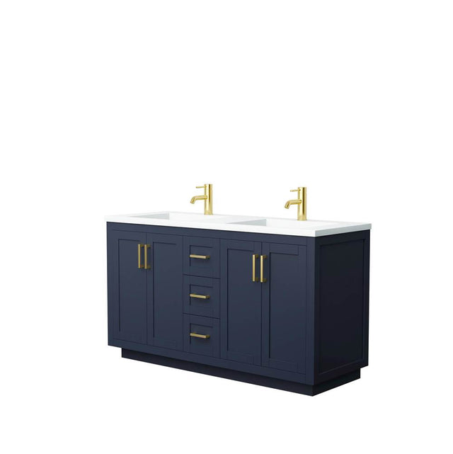 Wyndham Collection - Miranda 60 Inch Double Bathroom Vanity in Dark Blue, 1.25 Inch Thick Matte White Solid Surface Countertop, Integrated Sinks, Brushed Gold Trim