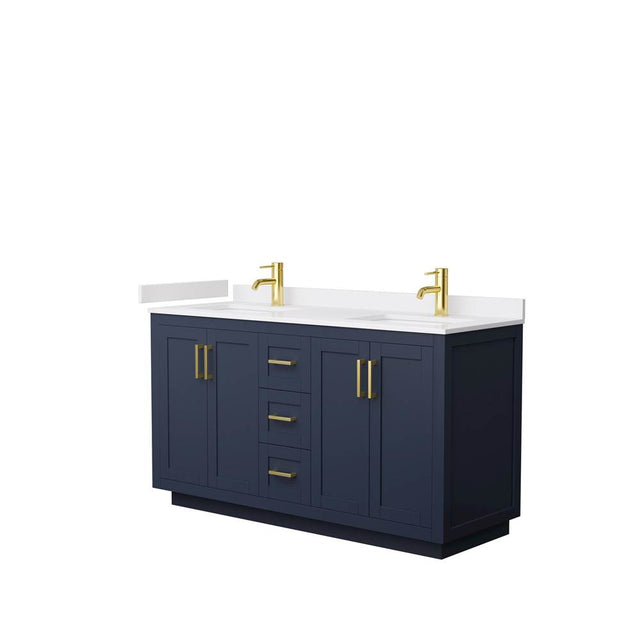 Wyndham Collection - Miranda 60 Inch Double Bathroom Vanity in Dark Blue, White Cultured Marble Countertop, Undermount Square Sinks, Brushed Gold Trim
