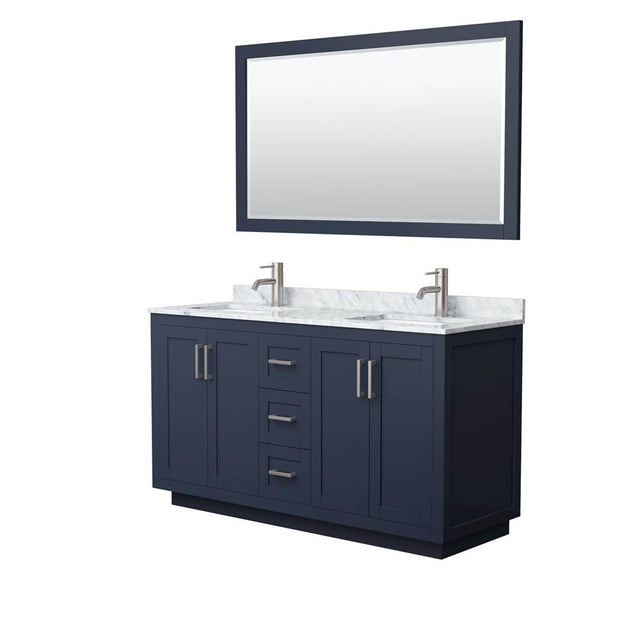 Wyndham Collection - Miranda 60 Inch Double Bathroom Vanity in Dark Blue, White Carrara Marble Countertop, Undermount Square Sinks, Brushed Nickel Trim, 58 Inch Mirror