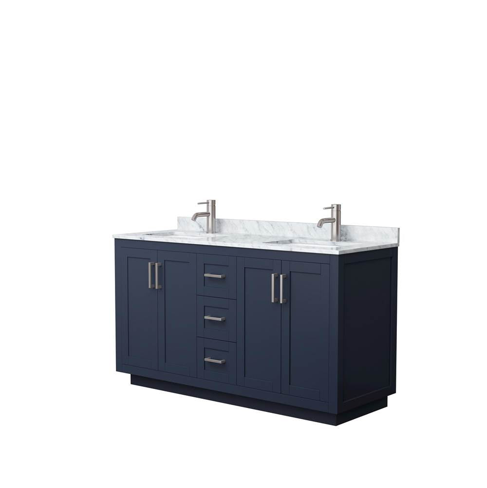 Wyndham Collection - Miranda 60 Inch Double Bathroom Vanity in Dark Blue, White Carrara Marble Countertop, Undermount Square Sinks, Brushed Nickel Trim