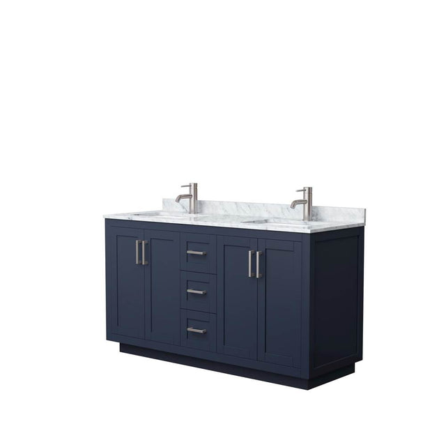Wyndham Collection - Miranda 60 Inch Double Bathroom Vanity in Dark Blue, White Carrara Marble Countertop, Undermount Square Sinks, Brushed Nickel Trim