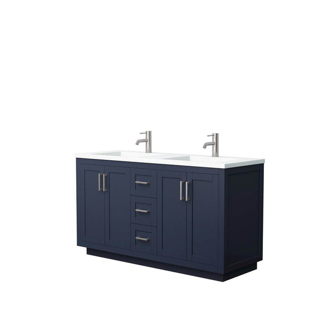 Wyndham Collection - Miranda 60 Inch Double Bathroom Vanity in Dark Blue, 1.25 Inch Thick Matte White Solid Surface Countertop, Integrated Sinks, Brushed Nickel Trim