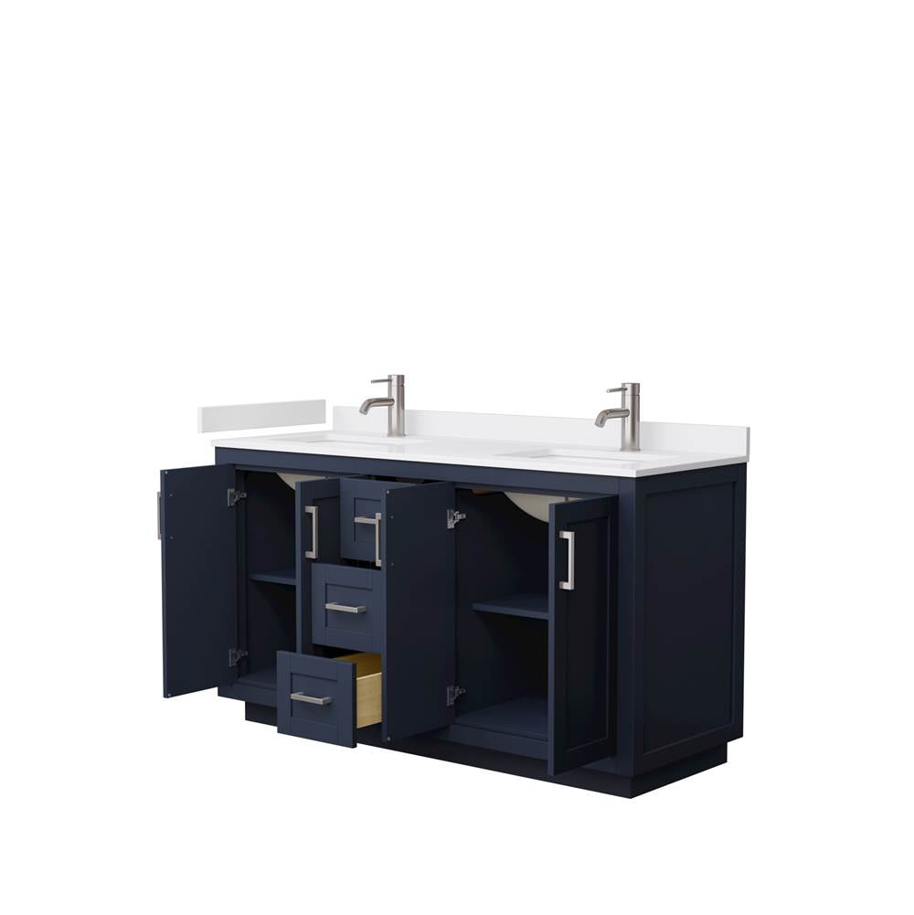 Miranda 60 Inch Double Bathroom Vanity in Dark Blue, White Cultured Marble Countertop, Undermount Square Sinks, Brushed Nickel Trim