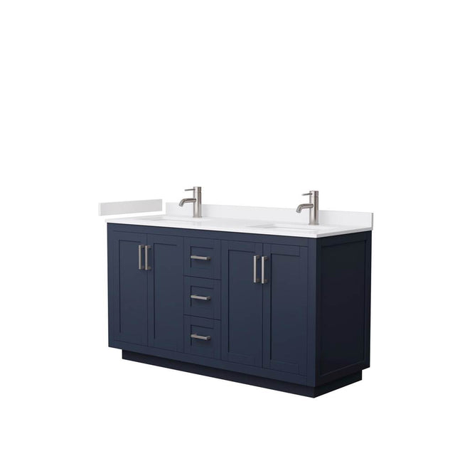 Wyndham Collection - Miranda 60 Inch Double Bathroom Vanity in Dark Blue, White Cultured Marble Countertop, Undermount Square Sinks, Brushed Nickel Trim
