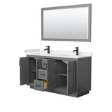 Miranda 60 Inch Double Bathroom Vanity in Dark Gray, Carrara Cultured Marble Countertop, Undermount Square Sinks, Matte Black Trim, 58 Inch Mirror