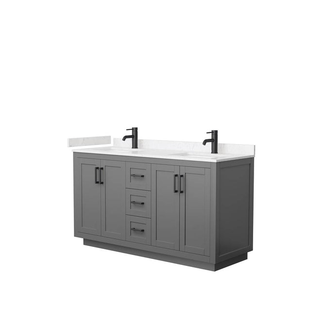 Wyndham Collection - Miranda 60 Inch Double Bathroom Vanity in Dark Gray, Carrara Cultured Marble Countertop, Undermount Square Sinks, Matte Black Trim