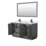 Miranda 60 Inch Double Bathroom Vanity in Dark Gray, White Carrara Marble Countertop, Undermount Square Sinks, Matte Black Trim, 58 Inch Mirror