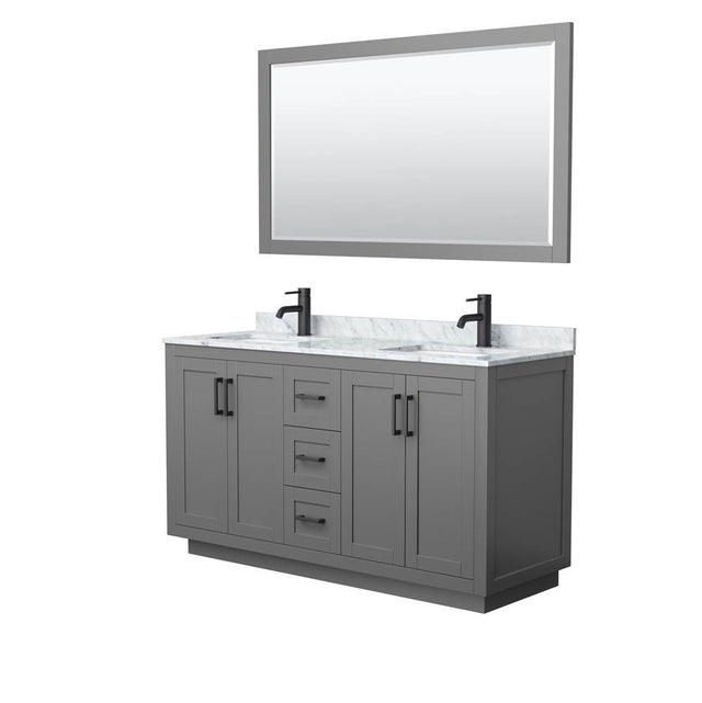 Wyndham Collection - Miranda 60 Inch Double Bathroom Vanity in Dark Gray, White Carrara Marble Countertop, Undermount Square Sinks, Matte Black Trim, 58 Inch Mirror