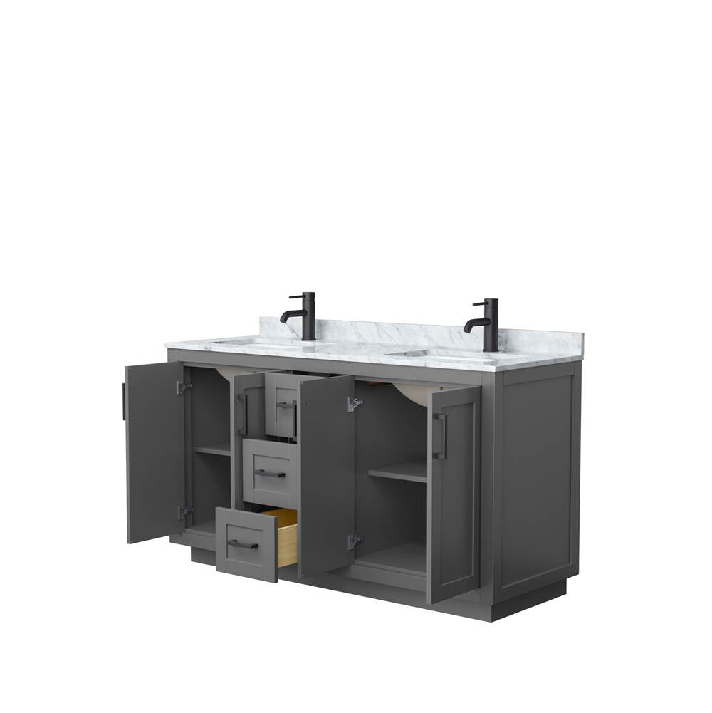 Miranda 60 Inch Double Bathroom Vanity in Dark Gray, White Carrara Marble Countertop, Undermount Square Sinks, Matte Black Trim
