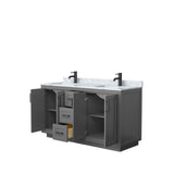 Miranda 60 Inch Double Bathroom Vanity in Dark Gray, White Carrara Marble Countertop, Undermount Square Sinks, Matte Black Trim