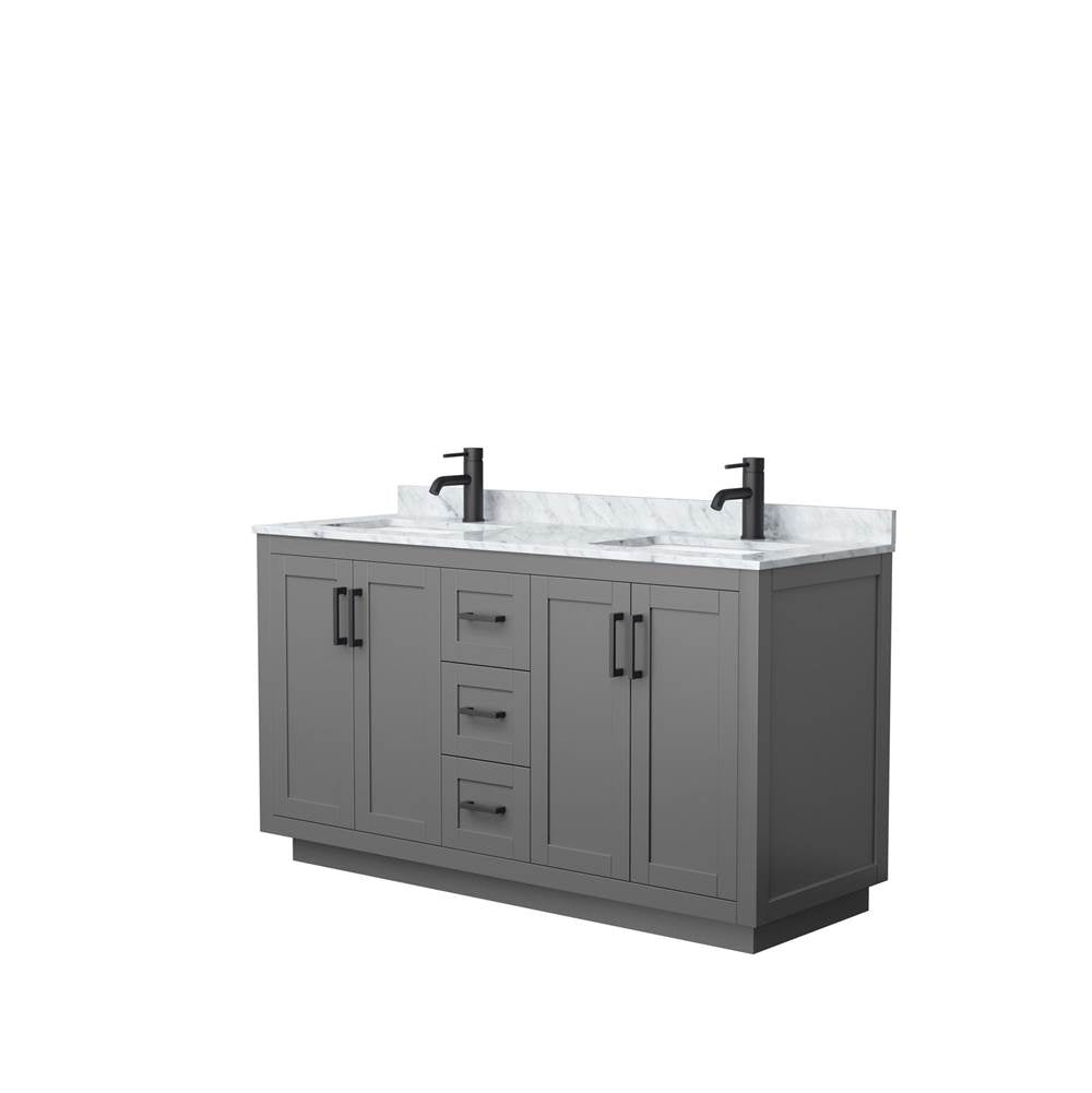 Wyndham Collection - Miranda 60 Inch Double Bathroom Vanity in Dark Gray, White Carrara Marble Countertop, Undermount Square Sinks, Matte Black Trim