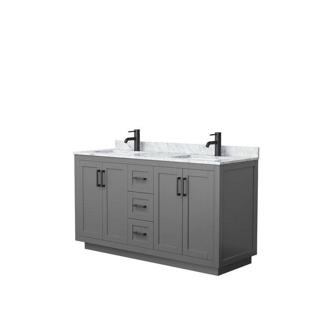 Wyndham Collection - Miranda 60 Inch Double Bathroom Vanity in Dark Gray, White Carrara Marble Countertop, Undermount Square Sinks, Matte Black Trim