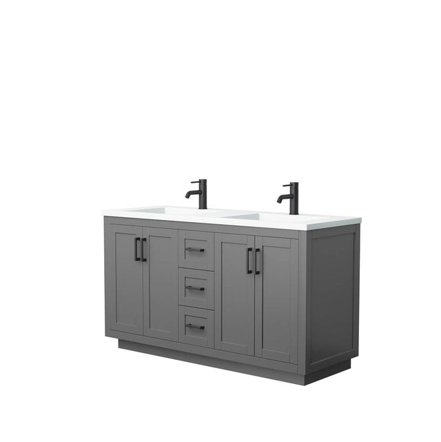 Wyndham Collection - Miranda 60 Inch Double Bathroom Vanity in Dark Gray, 1.25 Inch Thick Matte White Solid Surface Countertop, Integrated Sinks, Matte Black Trim