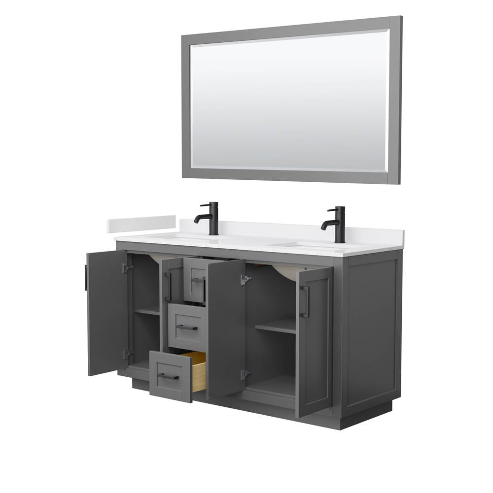 Miranda 60 Inch Double Bathroom Vanity in Dark Gray, White Cultured Marble Countertop, Undermount Square Sinks, Matte Black Trim, 58 Inch Mirror