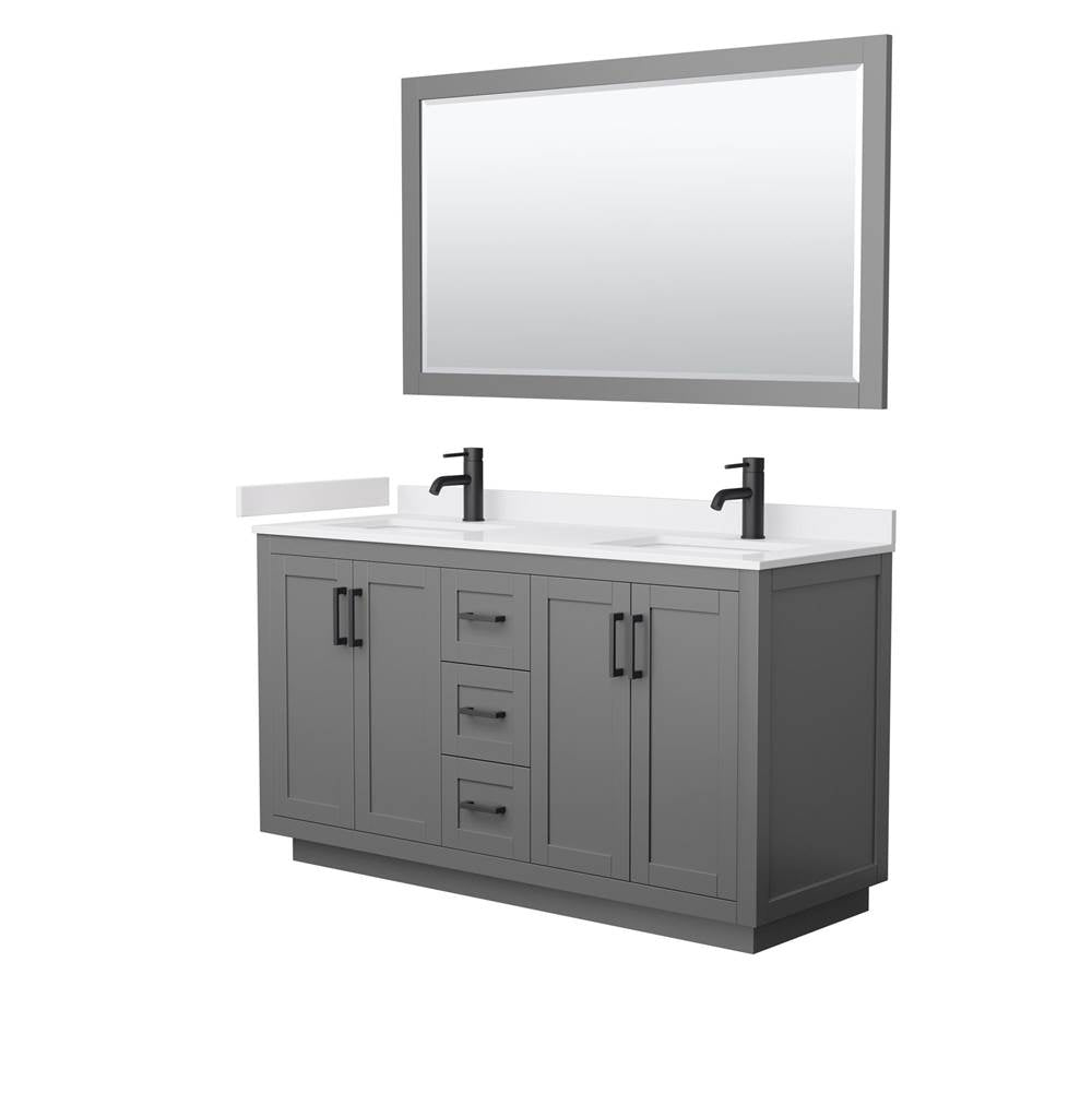 Wyndham Collection - Miranda 60 Inch Double Bathroom Vanity in Dark Gray, White Cultured Marble Countertop, Undermount Square Sinks, Matte Black Trim, 58 Inch Mirror