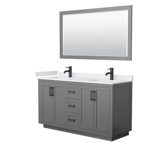Wyndham Collection - Miranda 60 Inch Double Bathroom Vanity in Dark Gray, White Cultured Marble Countertop, Undermount Square Sinks, Matte Black Trim, 58 Inch Mirror
