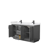 Miranda 60 Inch Double Bathroom Vanity in Dark Gray, White Cultured Marble Countertop, Undermount Square Sinks, Matte Black Trim