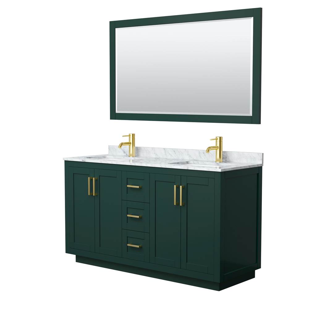 Wyndham Collection - Miranda 60 Inch Double Bathroom Vanity in Green, White Carrara Marble Countertop, Undermount Square Sinks, Brushed Gold Trim, 58 Inch Mirror