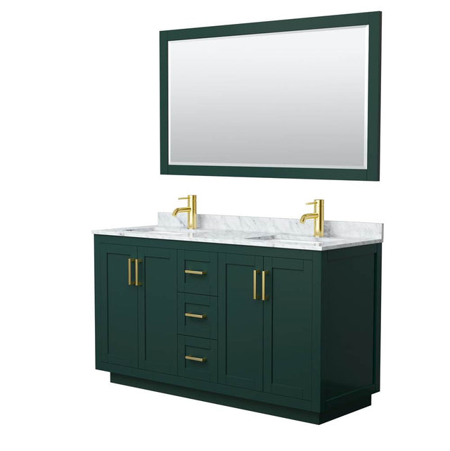 Wyndham Collection - Miranda 60 Inch Double Bathroom Vanity in Green, White Carrara Marble Countertop, Undermount Square Sinks, Brushed Gold Trim, 58 Inch Mirror