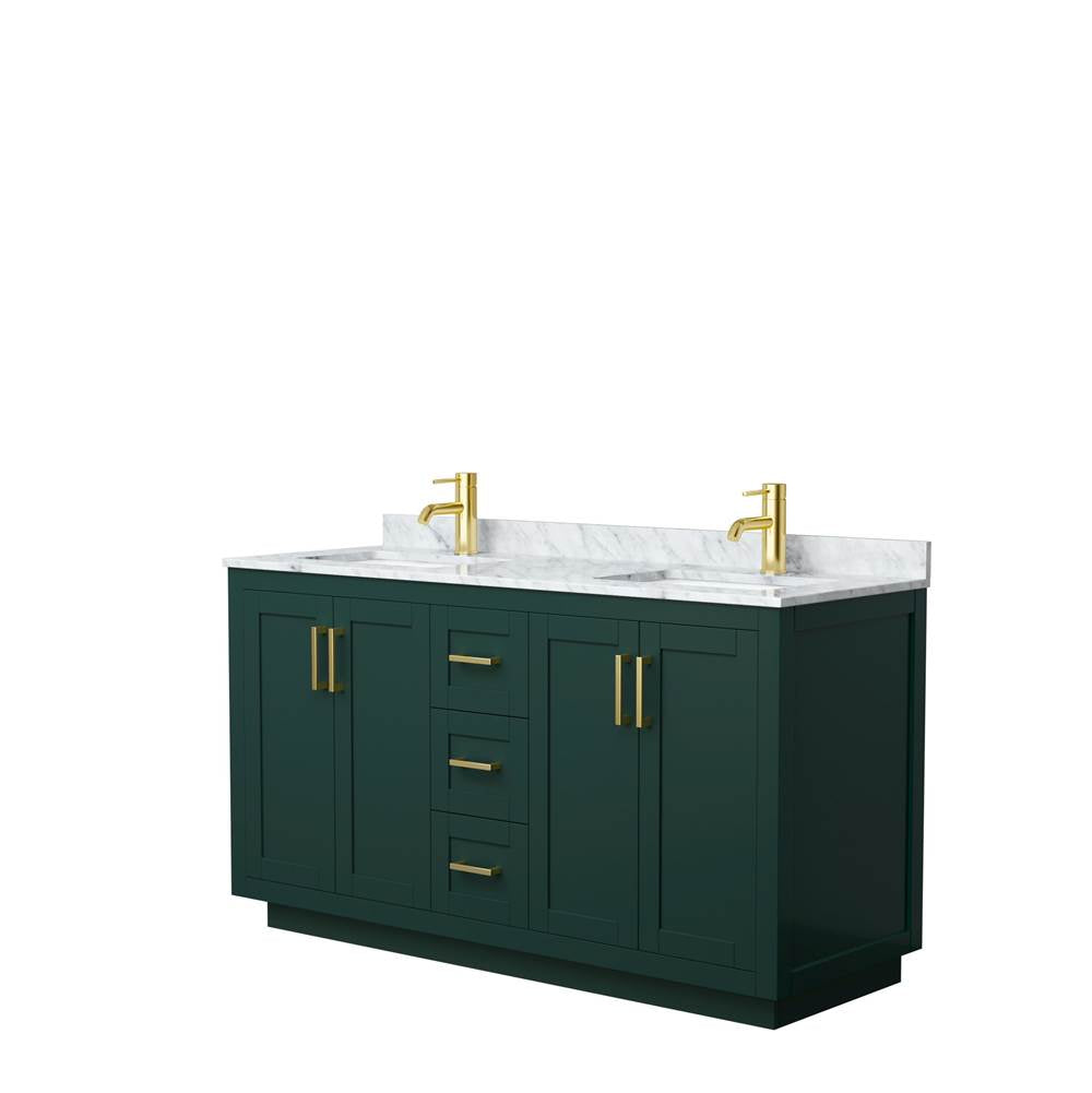 Wyndham Collection - Miranda 60 Inch Double Bathroom Vanity in Green, White Carrara Marble Countertop, Undermount Square Sinks, Brushed Gold Trim