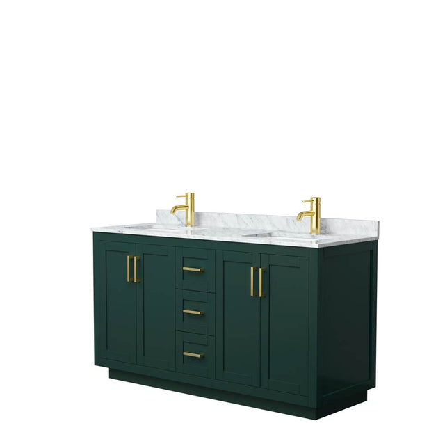 Wyndham Collection - Miranda 60 Inch Double Bathroom Vanity in Green, White Carrara Marble Countertop, Undermount Square Sinks, Brushed Gold Trim