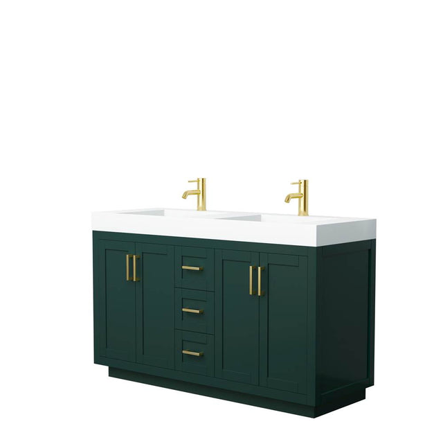 Wyndham Collection - Miranda 60 Inch Double Bathroom Vanity in Green, 4 Inch Thick Matte White Solid Surface Countertop, Integrated Sinks, Brushed Gold Trim