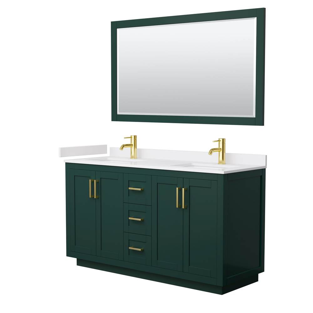 Wyndham Collection - Miranda 60 Inch Double Bathroom Vanity in Green, White Cultured Marble Countertop, Undermount Square Sinks, Brushed Gold Trim, 58 Inch Mirror