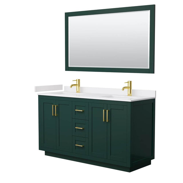 Wyndham Collection - Miranda 60 Inch Double Bathroom Vanity in Green, White Cultured Marble Countertop, Undermount Square Sinks, Brushed Gold Trim, 58 Inch Mirror