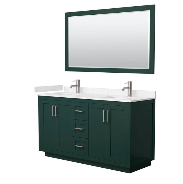 Wyndham Collection - Miranda 60 Inch Double Bathroom Vanity in Green, Carrara Cultured Marble Countertop, Undermount Square Sinks, Brushed Nickel Trim, 58 Inch Mirror