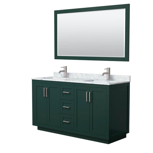 Wyndham Collection - Miranda 60 Inch Double Bathroom Vanity in Green, White Carrara Marble Countertop, Undermount Square Sinks, Brushed Nickel Trim, 58 Inch Mirror