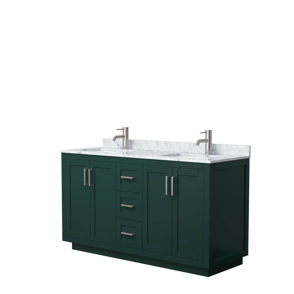 Wyndham Collection - Miranda 60 Inch Double Bathroom Vanity in Green, White Carrara Marble Countertop, Undermount Square Sinks, Brushed Nickel Trim