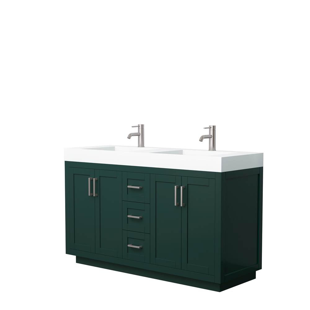 Wyndham Collection - Miranda 60 Inch Double Bathroom Vanity in Green, 4 Inch Thick Matte White Solid Surface Countertop, Integrated Sinks, Brushed Nickel Trim