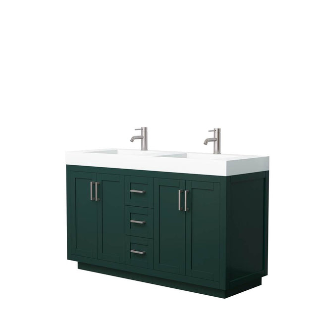 Wyndham Collection - Miranda 60 Inch Double Bathroom Vanity in Green, 4 Inch Thick Matte White Solid Surface Countertop, Integrated Sinks, Brushed Nickel Trim