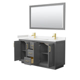 Miranda 60 Inch Double Bathroom Vanity in Dark Gray, Carrara Cultured Marble Countertop, Undermount Square Sinks, Brushed Gold Trim, 58 Inch Mirror