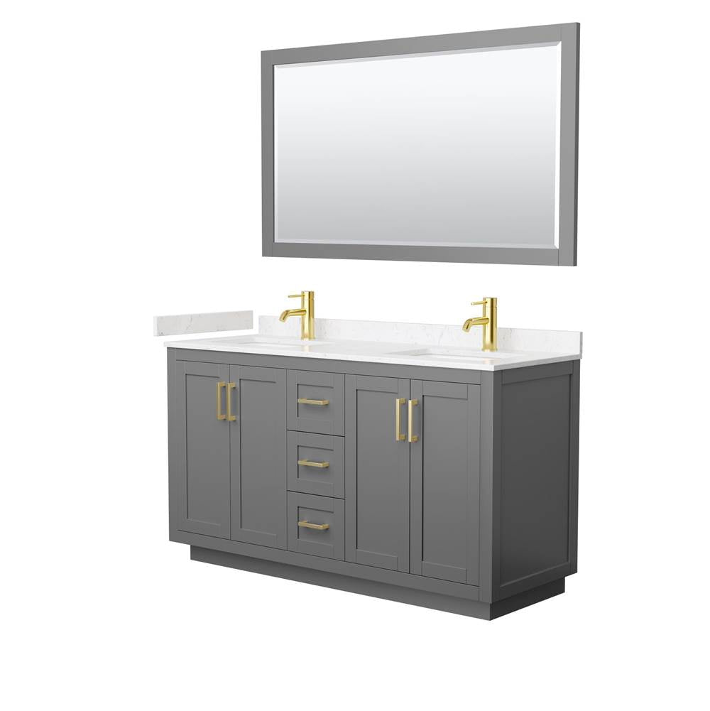 Wyndham Collection - Miranda 60 Inch Double Bathroom Vanity in Dark Gray, Carrara Cultured Marble Countertop, Undermount Square Sinks, Brushed Gold Trim, 58 Inch Mirror