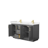 Miranda 60 Inch Double Bathroom Vanity in Dark Gray, Carrara Cultured Marble Countertop, Undermount Square Sinks, Brushed Gold Trim