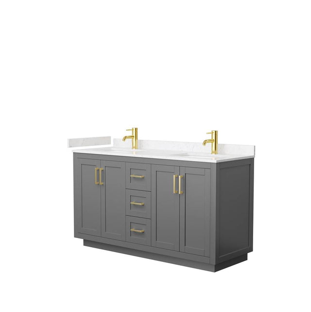 Wyndham Collection - Miranda 60 Inch Double Bathroom Vanity in Dark Gray, Carrara Cultured Marble Countertop, Undermount Square Sinks, Brushed Gold Trim