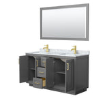 Miranda 60 Inch Double Bathroom Vanity in Dark Gray, White Carrara Marble Countertop, Undermount Square Sinks, Brushed Gold Trim, 58 Inch Mirror